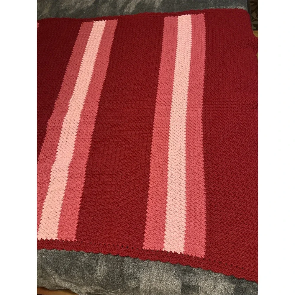 Crochet  Lap Throw Blanket Pinks Red Striped Scalloped Edge 68